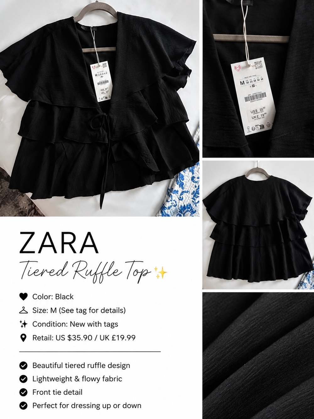 Zara Black Tiered Ruffle Blouse with Front Tie